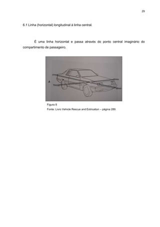 29
6.1 Linha (horizontal) longitudinal à linha central.
É uma linha horizontal e passa através do ponto central imaginário do
compartimento de passageiro.
Figura 8
Fonte: Livro Vehicle Rescue and Extrication – página 289.
 
