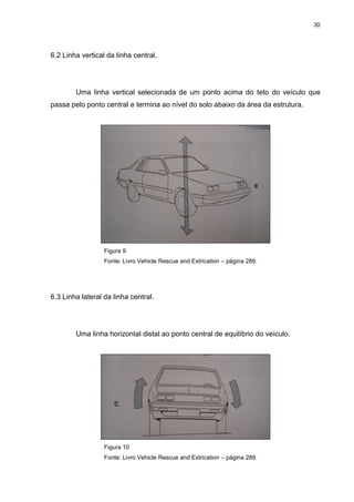 30
6.2 Linha vertical da linha central.
Uma linha vertical selecionada de um ponto acima do teto do veículo que
passa pelo ponto central e termina ao nível do solo abaixo da área da estrutura.
Figura 9
Fonte: Livro Vehicle Rescue and Extrication – página 289.
6.3 Linha lateral da linha central.
Uma linha horizontal distal ao ponto central de equilíbrio do veículo.
Figura 10
Fonte: Livro Vehicle Rescue and Extrication – página 289.
 