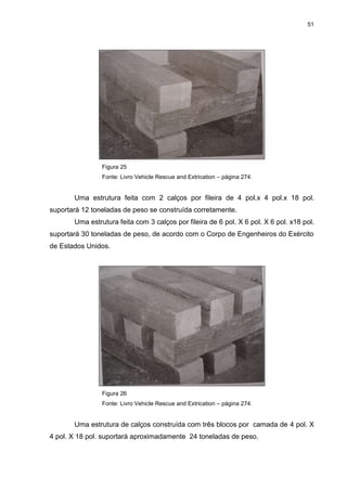 51
Figura 25
Fonte: Livro Vehicle Rescue and Extrication – página 274.
Uma estrutura feita com 2 calços por fileira de 4 pol.x 4 pol.x 18 pol.
suportará 12 toneladas de peso se construída corretamente.
Uma estrutura feita com 3 calços por fileira de 6 pol. X 6 pol. X 6 pol. x18 pol.
suportará 30 toneladas de peso, de acordo com o Corpo de Engenheiros do Exército
de Estados Unidos.
Figura 26
Fonte: Livro Vehicle Rescue and Extrication – página 274.
Uma estrutura de calços construída com três blocos por camada de 4 pol. X
4 pol. X 18 pol. suportará aproximadamente 24 toneladas de peso.
 