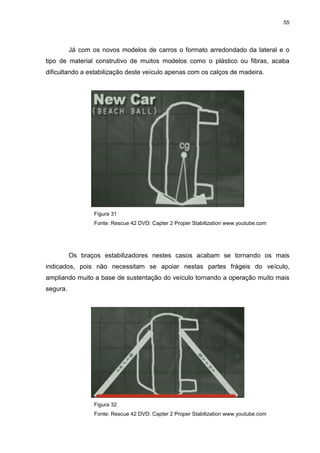 55
Já com os novos modelos de carros o formato arredondado da lateral e o
tipo de material construtivo de muitos modelos como o plástico ou fibras, acaba
dificultando a estabilização deste veículo apenas com os calços de madeira.
Figura 31
Fonte: Rescue 42 DVD: Capter 2 Proper Stabilization www.youtube.com
Os braços estabilizadores nestes casos acabam se tornando os mais
indicados, pois não necessitam se apoiar nestas partes frágeis do veículo,
ampliando muito a base de sustentação do veículo tornando a operação muito mais
segura.
Figura 32
Fonte: Rescue 42 DVD: Capter 2 Proper Stabilization www.youtube.com
 