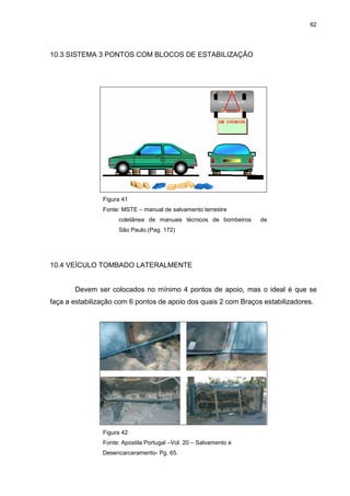 62
10.3 SISTEMA 3 PONTOS COM BLOCOS DE ESTABILIZAÇÃO
Figura 41
Fonte: MSTE – manual de salvamento terrestre
coletânea de manuais técnicos de bombeiros de
São Paulo.(Pag. 172)
10.4 VEÍCULO TOMBADO LATERALMENTE
Devem ser colocados no mínimo 4 pontos de apoio, mas o ideal é que se
faça a estabilização com 6 pontos de apoio dos quais 2 com Braços estabilizadores.
Figura 42
Fonte: Apostila Portugal –Vol. 20 – Salvamento e
Desencarceramento- Pg. 65.
 
