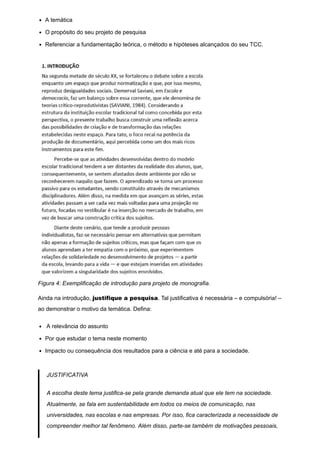 A temática
O propósito do seu projeto de pesquisa
Referenciar a fundamentação teórica, o método e hipóteses alcançados do seu TCC.
Figura 4: Exemplificação de introdução para projeto de monografia.
Ainda na introdução, justifique a pesquisa. Tal justificativa é necessária – e compulsória! –
ao demonstrar o motivo da temática. Defina:
A relevância do assunto
Por que estudar o tema neste momento
Impacto ou consequência dos resultados para a ciência e até para a sociedade.
JUSTIFICATIVA
A escolha deste tema justifica-se pela grande demanda atual que ele tem na sociedade.
Atualmente, se fala em sustentabilidade em todos os meios de comunicação, nas
universidades, nas escolas e nas empresas. Por isso, fica caracterizada a necessidade de
compreender melhor tal fenômeno. Além disso, parte-se também de motivações pessoais,
 