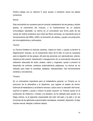 Prolina trabaja con la vitamina C para ayudar a mantener sanos los tejidos 
conectivos. 
Serina 
Este aminoácido es necesario para el correcto metabolismo de las grasas y ácidos 
grasos, el crecimiento del músculo, y el mantenimiento de un sistema 
inmunológico saludable. La Serina es un aminoácido que forma parte de las 
vainas de mielina protectora que cubre las fibras nerviosas, es importante para el 
funcionamiento del ARN y ADN y la formación de células y ayuda a la producción 
de inmunoglobulinas y anticuerpos. 
Taurina 
La Taurina fortalece el músculo cardíaco, mejora la visión, y ayuda a prevenir la 
degeneración macular, es el componente clave de la bilis, la cual es necesaria 
para la digestión de las grasas, útil para las personas con aterosclerosis, edema, 
trastornos del corazón, hipertensión o hipoglucemia. Es un aminoácido vital para la 
utilización adecuada de sodio, potasio, calcio y magnesio, ayuda a prevenir el 
desarrollo de arritmias cardiacas potencialmente peligrosas. La taurina se ha 
utilizado para tratar la ansiedad, epilepsia, hiperactividad, mal funcionamiento 
cerebral y convulsiones. 
Tirosina 
Es un aminoácido importante para el metabolismo general. La Tirosina es un 
precursor de la adrenalina y la dopamina, que regulan el estado de ánimo. 
Estimula el metabolismo y el sistema nervioso, actúa como un elevador del humor, 
suprime el apetito y ayuda a reducir la grasa corporal. La Tirosina ayuda en la 
producción de melanina (, tiroides y la pituitaria, se ha utilizado para ayudar a la 
fatiga crónica, la el pigmento responsable del color del pelo y la piel) y en las 
funciones de las glándulas suprarrenales narcolepsia, ansiedad, depresión, el bajo 
impulso sexual, alergias y dolores cabeza. 
18 
 