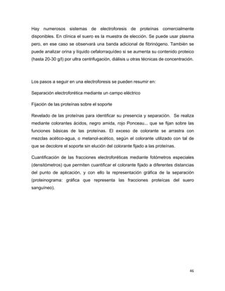 Hay numerosos sistemas de electroforesis de proteínas comercialmente 
disponibles. En clínica el suero es la muestra de elección. Se puede usar plasma 
pero, en ese caso se observará una banda adicional de fibrinógeno. También se 
puede analizar orina y líquido cefalorraquídeo si se aumenta su contenido proteico 
(hasta 20-30 g/l) por ultra centrifugación, diálisis u otras técnicas de concentración. 
Los pasos a seguir en una electroforesis se pueden resumir en: 
Separación electroforética mediante un campo eléctrico 
Fijación de las proteínas sobre el soporte 
Revelado de las proteínas para identificar su presencia y separación. Se realiza 
mediante colorantes ácidos, negro amida, rojo Ponceau... que se fijan sobre las 
funciones básicas de las proteínas. El exceso de colorante se arrastra con 
mezclas acético-agua, o metanol-acético, según el colorante utilizado con tal de 
que se decolore el soporte sin elución del colorante fijado a las proteínas. 
Cuantificación de las fracciones electroforéticas mediante fotómetros especiales 
(densitómetros) que permiten cuantificar el colorante fijado a diferentes distancias 
del punto de aplicación, y con ello la representación gráfica de la separación 
(proteinograma: gráfica que representa las fracciones proteícas del suero 
sanguíneo). 
46 
 
