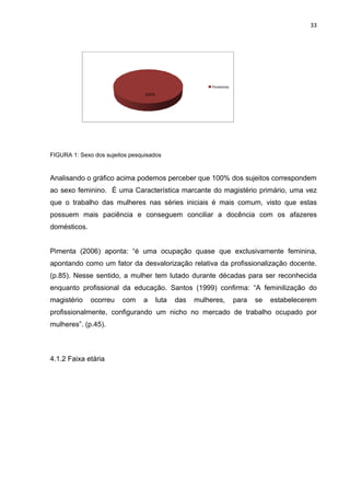 33




                                                          Feminino
                                 100%




FIGURA 1: Sexo dos sujeitos pesquisados


Analisando o gráfico acima podemos perceber que 100% dos sujeitos correspondem
ao sexo feminino. É uma Característica marcante do magistério primário, uma vez
que o trabalho das mulheres nas séries iniciais é mais comum, visto que estas
possuem mais paciência e conseguem conciliar a docência com os afazeres
domésticos.


Pimenta (2006) aponta: “é uma ocupação quase que exclusivamente feminina,
apontando como um fator da desvalorização relativa da profissionalização docente.
(p.85). Nesse sentido, a mulher tem lutado durante décadas para ser reconhecida
enquanto profissional da educação. Santos (1999) confirma: “A feminilização do
magistério    ocorreu    com    a       luta   das   mulheres,       para   se   estabelecerem
profissionalmente, configurando um nicho no mercado de trabalho ocupado por
mulheres”. (p.45).



4.1.2 Faixa etária
 