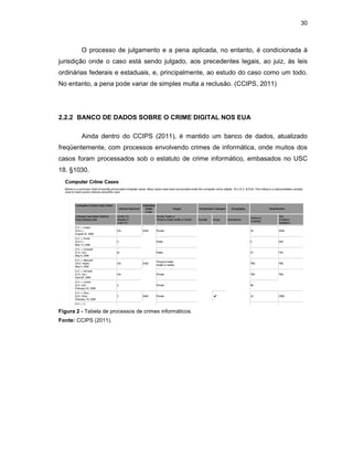 30
O processo de julgamento e a pena aplicada, no entanto, é condicionada à
jurisdição onde o caso está sendo julgado, aos precedentes legais, ao juiz, às leis
ordinárias federais e estaduais, e, principalmente, ao estudo do caso como um todo.
No entanto, a pena pode variar de simples multa a reclusão. (CCIPS, 2011)
2.2.2 BANCO DE DADOS SOBRE O CRIME DIGITAL NOS EUA
Ainda dentro do CCIPS (2011), é mantido um banco de dados, atualizado
freqüentemente, com processos envolvendo crimes de informática, onde muitos dos
casos foram processados sob o estatuto de crime informático, embasados no USC
18. §1030.
Figura 2 - Tabela de processos de crimes informáticos.
Fonte: CCIPS (2011).
 