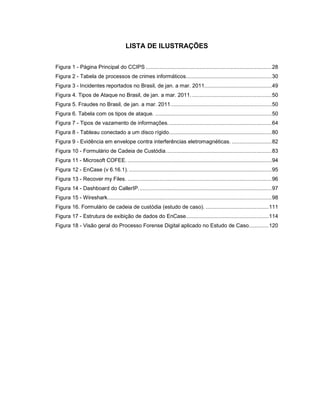LISTA DE ILUSTRAÇÕES
Figura 1 - Página Principal do CCIPS ..................................................................................28
Figura 2 - Tabela de processos de crimes informáticos........................................................30
Figura 3 - Incidentes reportados no Brasil, de jan. a mar. 2011............................................49
Figura 4. Tipos de Ataque no Brasil, de jan. a mar. 2011.....................................................50
Figura 5. Fraudes no Brasil, de jan. a mar. 2011..................................................................50
Figura 6. Tabela com os tipos de ataque. ............................................................................50
Figura 7 - Tipos de vazamento de informações....................................................................64
Figura 8 - Tableau conectado a um disco rígido...................................................................80
Figura 9 - Evidência em envelope contra interferências eletromagnéticas. ..........................82
Figura 10 - Formulário de Cadeia de Custódia.....................................................................83
Figura 11 - Microsoft COFEE. ..............................................................................................94
Figura 12 - EnCase (v 6.16.1). .............................................................................................95
Figura 13 - Recover my Files. ..............................................................................................96
Figura 14 - Dashboard do CallerIP.......................................................................................97
Figura 15 - Wireshark...........................................................................................................98
Figura 16. Formulário de cadeia de custódia (estudo de caso). .........................................111
Figura 17 - Estrutura de exibição de dados do EnCase......................................................114
Figura 18 - Visão geral do Processo Forense Digital aplicado no Estudo de Caso.............120
 