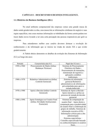 14
CAPÍTULO I – DESCREVENDO O BUSINESS INTELLIGENCE.
1.1. Histórico do Business Intelligence (B.I.)
No atual ambiente computacional das empresas vemos uma grande massa de
dados sendo gerada todos os dias, essa massa trás as informações cotidianas do negócio e suas
regras específicas, mas essas mesmas informações se trabalhadas da forma correta podem nos
trazer dados novos levando a ter uma certa percepção das pessoas responsáveis por gerir as
empresas.
Para entendermos melhor esse cenário devemos destacar a revolução do
conhecimento e da informação que se iniciou na virada do século XX e que evolui
gradativamente.
A Tabela abaixo demonstra os detalhes da evolução dos Sistemas de Informação
(S.I.) ao longo dos anos:
Período Característica dos S.I. Papel dos S.I.nos s
1950 a 1960 Processamento de Dados (ênfase
Mudanças Técnicas)
Sistemas de Processamento
Eletrônico de Dados -
Processamento de transações,
manutenção de registros e
aplicações contábeis
tradicionais.
1960 a 1970 Relatórios Administrativos (ênfase
Controle Gerencial)
Sistemas de informação
gerencial-Relatórios
administrativos de informações
pré-estipuladas para apoio a
tomada dedecisão.
1970 a 1980 Apoio a Decisão (ênfase Controle
Gerencial)
Sistemas de Apoio a Decisão –
Apoio interativo e ad hoc ao
processo de tomada de decisão
gerencial.
1980 a 1990 Apoio Estratégico ao Usuário Final
(ênfase Atividades Institucionais
Essenciais)
Sistemas de computação do
usuário final – Apoio direto a
computação para a produtividade
do usuário final e colaboração de
grupos de trabalho. Sistemas de
informação executiva (EIS) –
Informações críticas para a alta
administração.
Sistemas especialistas –
Conselho especializado baseado
no conhecimentopara os usuários
finais.
 