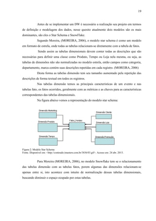 19
Antes de se implementar um DW é necessário a realização seu projeto em termos
de definição e modelagem dos dados, nesse quesito atualmente dois modelos são os mais
dominantes, são eles o Star Schema e SnowFlake.
Segundo Moreira, (MOREIRA, 2006), o modelo star schema é como um modelo
em formato de estrela, onde todas as tabelas relacionam-se diretamente com a tabela de fatos.
Sendo assim as tabelas dimensionais devem conter todas as descrições que são
necessárias para definir uma classe como Produto, Tempo ou Loja nela mesma, ou seja, as
tabelas de dimensões não são normalizadas no modelo estrela, então campos como categoria,
departamento, marca contém suas descrições repetidas em cada registro. (MOREIRA, 2006)
Desta forma as tabelas dimensão tem seu tamanho aumentado pela repetição das
descrições de forma textual em todos os registros.
Nas tabelas dimensão temos as principais características de um evento e nas
tabelas fato, os fatos ocorridos, geralmente com as métricas e as chaves para as características
correspondentes das tabelas dimensionais.
Na figura abaixo vemos a representação do modelo star schema:
Figura 2: Modelo Star Schema
Fonte. Disponível em: <http://conteudo.imasters.com.br/3836/03.gif>. Acesso em: 24 abr. 2013.
Para Moreira (MOREIRA, 2006), no modelo Snowflake tem se o relacionamento
das tabelas dimensão com as tabelas fatos, porem algumas das dimensões relacionam-se
apenas entre si, isto acontece com intuito de normalização dessas tabelas dimensionais,
buscando diminuir o espaço ocupado por estas tabelas.
 