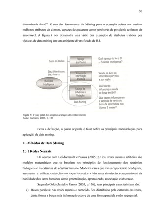 30
determinada data?”. O uso das ferramentas de Mining para o exemplo acima nos trariam
melhores atributos de clientes, capazes de ajudarem como previsores de possíveis acidentes de
automóvel. A figura 6 nos demonstra uma visão dos exemplos de atributos tratados por
técnicas de data mining em um ambiente diversificado de B.I.
Feita a definição, o passo seguinte é falar sobre as principais metodologias para
aplicação de data mining.
2.3 Métodos de Data Mining
2.3.1 Redes Neurais
De acordo com Goldschmidt e Passos (2005, p.175), redes neurais artificias são
modelos matemáticos que se baseiam nos princípios de funcionamento dos neurônios
biológicos e na estrutura do cérebro humano. Modelos esses que tem a capacidade de adquirir,
armazenar e utilizar conhecimento experimental e visão uma simulação computacional da
habilidade dos seres humanos como generalização, aprendizado, associação e abstração.
Segundo Goldschmidt e Passos (2005, p.176), suas principais características são:
a) Busca paralela: Nas redes neurais o conteúdo fica distribuído pela estrutura das redes,
desta forma a busca pela informação ocorre de uma forma paralela e não sequencial.
Figura 6: Visão geral dos diversos espaços de conhecimento
Fonte: Barbieri, 2001, p. 180
 