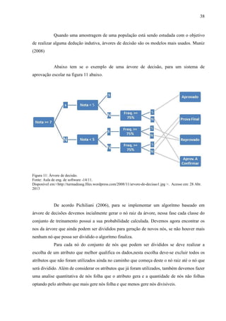 38
Quando uma amostragem de uma população está sendo estudada com o objetivo
de realizar alguma dedução indutiva, árvores de decisão são os modelos mais usados. Muniz
(2008)
Abaixo tem se o exemplo de uma árvore de decisão, para um sistema de
aprovação escolar na figura 11 abaixo.
De acordo Pichiliani (2006), para se implementar um algorítmo baseado em
árvore de decisões devemos incialmente gerar o nó raiz da árvore, nessa fase cada classe do
conjunto de treinamento possui a sua probabilidade calculada. Devemos agora encontrar os
nos da árvore que ainda podem ser divididos para geração de novos nós, se não houver mais
nenhum nó que possa ser dividido o algorítmo finaliza.
Para cada nó do conjunto de nós que podem ser divididos se deve realizar a
escolha de um atributo que melhor qualifica os dados,nesta escolha deve-se excluir todos os
atributos que não foram utilizados ainda no caminho que começa deste o nó raiz até o nó que
será dividido. Além de considerar os atributos que já foram utilizados, também devemos fazer
uma analise quantitativa de nós folha que o atributo gera e a quantidade de nós não folhas
optando pelo atributo que mais gere nós folha e que menos gere nós divisíveis.
Figura 11: Árvore de decisão.
Fonte: Aula de eng. de software -14/11.
Disponível em:<http://turmadeasg.files.wordpress.com/2008/11/arvore-de-decisao1.jpg >. Acesso em: 28 Abr.
2013
 