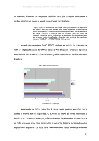 PERCEPÇÃO DA SEGURANÇA NA INTERNET POR PARTE DO CONSUMIDOR VIRTUAL.




de consumo fornecem às empresas diretrizes para que consigam estabelecer o

contato inicial com o cliente e, a partir disso, investir na intimidade.


                          “A população da Internet de fato difere demograficamente da população
                          em geral. Como um todo, ainda é mais jovem, mais rica, possui grau de
                          instrução mais alto e predominantemente masculina do que a população
                          em geral. Contudo, à medida que um número cada vez maior de
                          pessoas consegue entrar na Internet, a população do ciberespaço está
                          se tornando mais diversificada e ficando mais próxima da população
                          comum.” (KOTLER e ARMSTRONG, 2003, p.455)


         A partir das pesquisas Cadê? IBOPE relativas ao período de novembro de

1996 (1a edição) até agosto de 1999 (4a edição e Web Shoppers - 9ª edição) é possível

interpretar os dados socioeconômicos e demográficos referentes ao perfil do internauta

brasileiro.


                                  Gráfico 1 - Total de internautas por Classe Social




              C




                                                                                             ago/99
                                                                                             ago/98
              B
                                                                                             ago/97
                                                                                             nov/96




              A




                  0          20                       40                           60   80
                                                  Total (%)



                                           Fonte: Pesquisa Cadê?/Ibope



         Analisando os dados referentes à classe social pode-se perceber que o

acesso à Internet tem se expandido. O aumento da oferta de linhas telefônicas, a

tendência ao barateamento do preço das assinaturas de provedores e a notoriedade

da rede, um canal ainda novo para muitos e que ainda desperta curiosidade podem

explicar essa expansão. De 1998 para 1999 houve uma rápida mudança no quadro


                                                                                                      21
 
