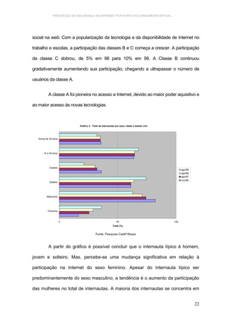 PERCEPÇÃO DA SEGURANÇA NA INTERNET POR PARTE DO CONSUMIDOR VIRTUAL.




social na web. Com a popularização da tecnologia e da disponibilidade de Internet no

trabalho e escolas, a participação das classes B e C começa a crescer. A participação

da classe C dobrou, de 5% em 98 para 10% em 99. A Classe B continuou

gradativamente aumentando sua participação, chegando a ultrapassar o número de

usuários da classe A.


           A classe A foi pioneira no acesso a Internet, devido ao maior poder aquisitivo e

ao maior acesso às novas tecnologias.



                              Gráfico 2 - Total de Internautas por sexo, idade e estado civil




   Acima de 30 anos




       15 a 29 anos




            Casado
                                                                                                      ago/99
                                                                                                      ago/98
                                                                                                      ago/97
                                                                                                      nov/96
            Solteiro




          Masculino




          Feminino



                       0                                        50                              100
                                                            Total (%)


                                            Fonte: Pesquisa Cadê?/Ibope



           A partir do gráfico é possível concluir que o internauta típico é homem,

jovem e solteiro. Mas, percebe-se uma mudança significativa em relação à

participação na Internet do sexo feminino. Apesar do internauta típico ser

predominantemente do sexo masculino, a tendência é o aumento da participação

das mulheres no total de internautas. A maioria dos internautas se concentra em


                                                                                                               22
 