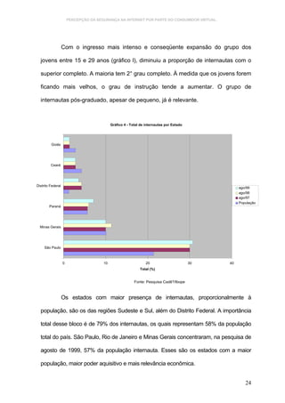 PERCEPÇÃO DA SEGURANÇA NA INTERNET POR PARTE DO CONSUMIDOR VIRTUAL.




                   Com o ingresso mais intenso e conseqüente expansão do grupo dos

  jovens entre 15 e 29 anos (gráfico l), diminuiu a proporção de internautas com o

  superior completo. A maioria tem 2° grau completo. À medida que os jovens forem

  ficando mais velhos, o grau de instrução tende a aumentar. O grupo de

  internautas pós-graduado, apesar de pequeno, já é relevante.



                                            Gráfico 4 - Total de internautas por Estado




         Goiás




         Ceará




Distrito Federal
                                                                                                    ago/99
                                                                                                    ago/98
                                                                                                    ago/97
                                                                                                    População
        Paraná




  Minas Gerais




     São Paulo



                   0                   10                        20                       30   40
                                                             Total (%)


                                                          Fonte: Pesquisa Cadê?/Ibope



                   Os estados com maior presença de internautas, proporcionalmente à

  população, são os das regiões Sudeste e Sul, além do Distrito Federal. A importância

  total desse bloco é de 79% dos internautas, os quais representam 58% da população

  total do país. São Paulo, Rio de Janeiro e Minas Gerais concentraram, na pesquisa de

  agosto de 1999, 57% da população internauta. Esses são os estados com a maior

  população, maior poder aquisitivo e mais relevância econômica.


                                                                                                       24
 