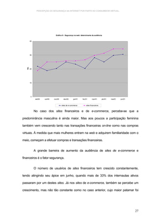 PERCEPÇÃO DA SEGURANÇA NA INTERNET POR PARTE DO CONSUMIDOR VIRTUAL.




                                 Gráfico 6 - Segurança na web: determinante da audiência


       40




       30
   %




       20




       10




       0
             set/00   out/00   nov/00     dez/00      jan/01     fev/01      mar/01      abr/01   mai/01   jun/01


                                        sites de e-commerce          sites financeiros


            No caso dos sites financeiros e de e-commerce, percebe-se que a

predominância masculina é ainda maior. Mas aos poucos a participação feminina

também vem crescendo tanto nas transações financeiras on-line como nas compras

virtuais. À medida que mais mulheres entram na web e adquirem familiaridade com o

meio, começam a efetuar compras e transações financeiras.


            A grande barreira de aumento da audiência de sites de e-commerce e

financeiros é o fator segurança.


            O número de usuários de sites financeiros tem crescido constantemente,

tendo atingindo seu ápice em junho, quando mais de 33% dos internautas ativos

passaram por um destes sites. Já nos sites de e-commerce, também se percebe um

crescimento, mas não tão constante como no caso anterior, cujo maior patamar foi




                                                                                                                    27
 