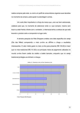 PERCEPÇÃO DA SEGURANÇA NA INTERNET POR PARTE DO CONSUMIDOR VIRTUAL.




realiza compras pela rede, ou como um perfil de consumidores organiza suas decisões

no momento da compra, pode ajudar na abordagem correia.


             Um outro fator importante é a força da marca que, uma vez bem estruturada,

colabora para que, no momento de selecionar onde e o que comprar, mesmo sem

tocar ou estar frente a frente com o vendedor, o internauta tenha a certeza de que está

levando o produto certo e comprando no lugar certo.


             A terceira pesquisa da Web Shoppers analisa uma data específica de varejo

(Dia das Mães) comparando o meio on-line ao offf-line e chega a resultados

interessantes. O valor médio gasto no meio on-line para presente (R$ 145,00) é maior

que no meio tradicional (R$ 131,00) e os principais meios de pagamento utilizados no

mundo on-line foram cartão de crédito e boleto bancário, enquanto que no varejo

tradicional privilegiou-se dinheiro e cheque.


                                 Gráfico 12 - Presentes on line x off line: Presentes on line




              CDs




  Livros e revistas




 Eletroeletrônicos




 Eletrodomésticos




            Flores




                      0          5                 10                 15                 20     25   30


             Fonte: Pesquisa Web Shoppers




                                                                                                          32
 