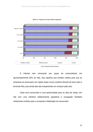 PERCEPÇÃO DA SEGURANÇA NA INTERNET POR PARTE DO CONSUMIDOR VIRTUAL.




                                   Gráfico 16 - Frequência de compra X Meio de pagamento




 Mais de 10 vezes




     6 a 10 vezes




      4 a 5 vezes




      2 a 3 vezes




          1a vez



                0%                 20%                 40%                 60%              80%         100%



               cartão de crédito                 boleto bancário                  cheque           outros


                                                  Fonte: Pesquisa Web Shoppers




           A        Internet       vem      renovando              seu    grupo        de   consumidores       em

aproximadamente 20% ao mês. Isso significa que existem razões para que as

empresas se preocupem em captar esses novos usuários através de seus sites e

torná-los fiéis, pois ainda eles são inexperientes em comprar pela web.


           Cada novo consumidor é uma oportunidade para os sites de varejo. Um

site com uma interface esteticamente agradável e navegação facilitada

certamente contribui para a conquista e fidelização do consumidor.




                                                                                                               36
 
