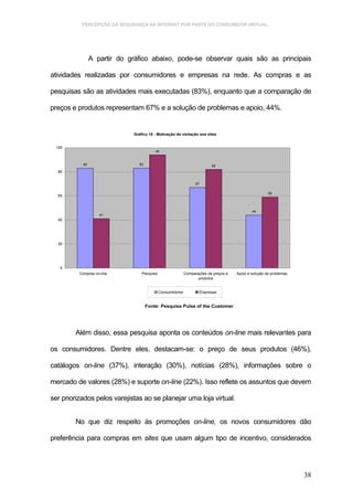 PERCEPÇÃO DA SEGURANÇA NA INTERNET POR PARTE DO CONSUMIDOR VIRTUAL.




                 A partir do gráfico abaixo, pode-se observar quais são as principais

atividades realizadas por consumidores e empresas na rede. As compras e as

pesquisas são as atividades mais executadas (83%), enquanto que a comparação de

preços e produtos representam 67% e a solução de problemas e apoio, 44%.


                              Gráfico 18 - Motivação de visitação aos sites


 100
                                          94


            83                   83                                       82
  80


                                                                  67

                                                                                                       59
  60



                                                                                              44
                    41
  40




  20




   0
          Compras on-line         Pesquisa                  Comparações de preços e   Apoio e solução de problemas
                                                                   produtos


                                             Consumidores           Empresas


                                      Fonte: Pesquisa Pulse of the Customer




        Além disso, essa pesquisa aponta os conteúdos on-line mais relevantes para

os consumidores. Dentre eles, destacam-se: o preço de seus produtos (46%),

catálogos on-line (37%), interação (30%), notícias (28%), informações sobre o

mercado de valores (28%) e suporte on-line (22%). Isso reflete os assuntos que devem

ser priorizados pelos varejistas ao se planejar uma loja virtual.


        No que diz respeito às promoções on-line, os novos consumidores dão

preferência para compras em sites que usam algum tipo de incentivo, considerados




                                                                                                                     38
 