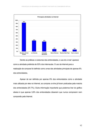 PERCEPÇÃO DA SEGURANÇA NA INTERNET POR PARTE DO CONSUMIDOR VIRTUAL.




                                           Principais atividades na Internet

  100%
              93%
   90%

   80%

   70%

   60%

   50%

   40%
                               35%
                                                    32%
   30%

   20%

   10%                                                              8%                 7%                6%

    0%
         Receber e Enviar   Ler Notícias         Consultas     Baixar Músicas   Realizar Bate-Papo   Fazer compras
             Emails                              Bancárias




         Dentre as práticas e costumes dos entrevistados, o uso do e-mail aparece

como a atividade preferida de 93% dos internautas. O uso da Internet para a

realização de compras foi definido como umas das atividades principais de apenas 6%

dos entrevistados.


         Apesar de ser definida por apenas 6% dos entrevistados como a atividade

mais utilizada por eles na Internet, as compras on-line já foram praticadas pela maioria

dos entrevistados (81,7%). Outra informação importante que podemos tirar do gráfico

abaixo é que apenas 3,8% dos entrevistados disseram que nunca compraram nem

comprarão pela Internet.




                                                                                                                     62
 