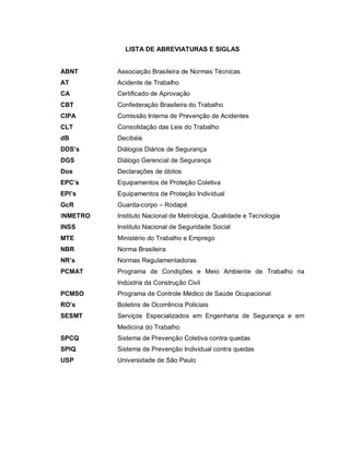 LISTA DE ABREVIATURAS E SIGLAS
ABNT Associação Brasileira de Normas Técnicas
AT Acidente de Trabalho
CA Certificado de Aprovação
CBT Confederação Brasileira do Trabalho
CIPA Comissão Interna de Prevenção de Acidentes
CLT Consolidação das Leis do Trabalho
dB Decibéis
DDS’s Diálogos Diários de Segurança
DGS Diálogo Gerencial de Segurança
Dos Declarações de óbitos
EPC’s Equipamentos de Proteção Coletiva
EPI’s Equipamentos de Proteção Individual
GcR Guarda-corpo – Rodapé
INMETRO Instituto Nacional de Metrologia, Qualidade e Tecnologia
INSS Instituto Nacional de Seguridade Social
MTE Ministério do Trabalho e Emprego
NBR Norma Brasileira
NR’s Normas Regulamentadoras
PCMAT Programa de Condições e Meio Ambiente de Trabalho na
Indústria da Construção Civil
PCMSO Programa de Controle Médico de Saúde Ocupacional
RO’s Boletins de Ocorrência Policiais
SESMT Serviços Especializados em Engenharia de Segurança e em
Medicina do Trabalho
SPCQ Sistema de Prevenção Coletiva contra quedas
SPIQ Sistema de Prevenção Individual contra quedas
USP Universidade de São Paulo
 