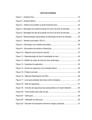 LISTA DE FIGURAS
Figura 1 - Andaime Fixo............................................................................................19
Figura 2 - Andaime Móvel. ........................................................................................19
Figura 3 – Abertura de janelão na parte frontal da torre............................................34
Figura 4 - Montagem de andaime tubular em torno da torre de extinção..................34
Figura 5 - Montagem de tela de proteção em torno da torre de extinção..................35
Figura 6 - Representação esquemática da demolição da torre de extinção..............35
Figura 7 – Martelo pneumático TEX 31.....................................................................36
Figura 8 – Demolição com martelo pneumático ........................................................36
Figura 9 – Escavadeira de esteira e Acessórios .......................................................37
Figura 10 – Maçarico para conjunto oxicorte.............................................................37
Figura 11 - Representação do tipo e intensidade do risco . .....................................42
Figura 12 - Modelo de mapa de risco de usina siderúrgica .....................................42
Figura 13 - Capacete de segurança..........................................................................45
Figura 14 - Óculos de segurança com proteção lateral.............................................45
Figura 15 - Protetor auricular.....................................................................................46
Figura 16 – Máscara Respiratória com filtro..............................................................46
Figura 17 - Luva para proteção das mãos contra vibrações......................................47
Figura 18 – Bota de segurança . ..............................................................................47
Figura 19 – Cinturão de segurança tipo paraquedista com duplo talabarte . ...........48
Figura 20 – Trava-queda para cabo de aço ..............................................................49
Figura 21 – Cabo guia...............................................................................................50
Figura 22 – Utilização de cabo guia ..........................................................................50
Figura 23 – Elevador de transporte vertical de cargas e pessoas.............................51
 