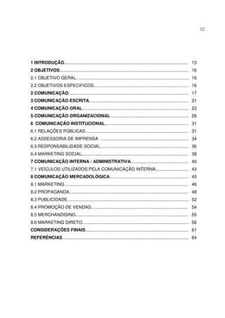 12 
1 INTRODUÇÃO..................................................................................................... 
2 OBJETIVOS......................................................................................................... 
2.1 OBJETIVO GERAL............................................................................................ 
2.2 OBJETIVOS ESPECIFICOS............................................................................. 
2 COMUNICAÇÃO.................................................................................................. 
3 COMUNICAÇÃO ESCRITA................................................................................. 
4 COMUNICAÇÃO ORAL....................................................................................... 
5 COMUNICAÇÃO ORGANIZACIONAL ............................................................... 
6 COMUNICAÇÃO INSTITUCIONAL.................................................................... 
6.1 RELAÇÕES PÚBLICAS.................................................................................... 
6.2 ASSESSORIA DE IMPRENSA ........................................................................ 
6.3 RESPONSABILIDADE SOCIAL........................................................................ 
6.4 MARKETING SOCIAL....................................................................................... 
7 COMUNICAÇÃO INTERNA / ADMINISTRATIVA............................................... 
7.1 VEÍCULOS UTILIZADOS PELA COMUNICAÇÃO INTERNA........................... 
8 COMUNICAÇÃO MERCADOLÓGICA................................................................ 
8.1 MARKETING..................................................................................................... 
8.2 PROPAGANDA................................................................................................. 
8.3 PUBLICIDADE................................................................................................... 
8.4 PROMOÇÃO DE VENDAS............................................................................... 
8.5 MERCHANDISING............................................................................................ 
8.6 MARKETING DIRETO....................................................................................... 
CONSIDERAÇÕES FINAIS.................................................................................... 
REFERÊNCIAS....................................................................................................... 
13 
16 
16 
16 
17 
21 
23 
26 
31 
31 
34 
36 
38 
40 
43 
45 
46 
48 
52 
54 
55 
56 
61 
64 
 