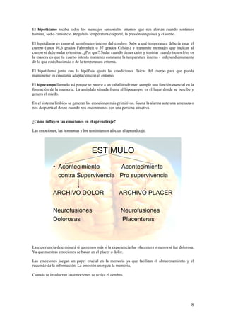 El hipotálamo recibe todos los mensajes sensoriales internos que nos alertan cuando sentimos
hambre, sed o cansancio. Regula la temperatura corporal, la presión sanguínea y el sueño.

El hipotálamo es como el termómetro interno del cerebro. Sabe a qué temperatura debería estar el
cuerpo (unos 98,6 grados Fahrenheit o 37 grados Celsius) y transmite mensajes que indican al
cuerpo si debe sudar o temblar. ¿Por qué? Sudar cuando tienes calor y temblar cuando tienes frío, es
la manera en que tu cuerpo intenta mantener constante la temperatura interna - independientemente
de lo que estés haciendo o de la temperatura externa.

El hipotálamo junto con la hipófisis ajusta las condiciones físicas del cuerpo para que pueda
mantenerse en constante adaptación con el entorno.

El hipocampo llamado así porque se parece a un caballito de mar, cumple una función esencial en la
formación de la memoria. La amígdala situada frente al hipocampo, es el lugar donde se percibe y
genera el miedo.

En el sistema límbico se generan las emociones más primitivas. Suena la alarma ante una amenaza o
nos despierta el deseo cuando nos encontramos con una persona atractiva


¿Cómo influyen las emociones en el aprendizaje?

Las emociones, las hormonas y los sentimientos afectan el aprendizaje.




                                    ESTIMULO
            • Acontecimiento       Acontecimiento
              contra Supervivencia Pro supervivencia

            ARCHIVO DOLOR                            ARCHIVO PLACER

            Neurofusiones                             Neurofusiones
            Dolorosas                                 Placenteras



La experiencia determinará si queremos más si la experiencia fue placentera o menos si fue dolorosa.
Ya que nuestras emociones se basan en el placer o dolor.

Las emociones juegan un papel crucial en la memoria ya que facilitan el almacenamiento y el
recuerdo de la información. La emoción energiza la memoria.

Cuando se involucran las emociones se activa el cerebro.




                                                                                                  8
 