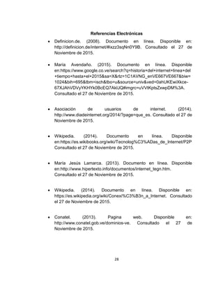 28
Referencias Electrónicas
Definicion.de. (2008). Documento en línea. Disponible en:
http://definicion.de/internet/#ixzz3sqNn0Y9B. Consultado el 27 de
Noviembre de 2015.
María Avendaño. (2015). Documento en línea. Disponible
en:https://www.google.co.ve/search?q=historia+del+internet+linea+del
+tiempo+hasta+el+2015&sa=X&rlz=1C1AVNG_enVE667VE667&biw=
1024&bih=695&tbm=isch&tbo=u&source=univ&ved=0ahUKEwiXkce-
67XJAhVDVyYKHYk0BcEQ7AkIJQ#imgrc=uVVtKptsZxwpDM%3A.
Consultado el 27 de Noviembre de 2015.
Asociación de usuarios de internet. (2014).
http://www.diadeinternet.org/2014/?page=que_es. Consultado el 27 de
Noviembre de 2015.
Wikipedia. (2014). Documento en línea. Disponible
en:https://es.wikibooks.org/wiki/Tecnolog%C3%ADas_de_Internet/P2P
Consultado el 27 de Noviembre de 2015.
María Jesús Lamarca. (2013). Documento en línea. Disponible
en:http://www.hipertexto.info/documentos/internet_tegn.htm.
Consultado el 27 de Noviembre de 2015.
Wikipedia. (2014). Documento en línea. Disponible en:
https://es.wikipedia.org/wiki/Conexi%C3%B3n_a_Internet. Consultado
el 27 de Noviembre de 2015.
Conatel. (2013). Pagina web. Disponible en:
http://www.conatel.gob.ve/dominios-ve. Consultado el 27 de
Noviembre de 2015.
 