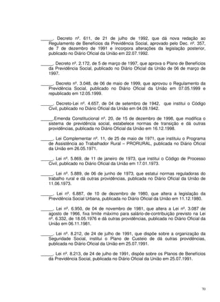 70
_____. Decreto nº. 611, de 21 de julho de 1992, que dá nova redação ao
Regulamento de Benefícios da Previdência Social, aprovado pelo Dec. nº. 357,
de 7 de dezembro de 1991 e incorpora alterações da legislação posterior,
publicado no Diário Oficial da União em 22.07.1992.
_____. Decreto nº. 2.172, de 5 de março de 1997, que aprova o Plano de Benefícios
da Previdência Social, publicado no Diário Oficial da União de 06 de março de
1997.
_____. Decreto nº. 3.048, de 06 de maio de 1999, que aprovou o Regulamento da
Previdência Social, publicado no Diário Oficial da União em 07.05.1999 e
republicado em 12.05.1999.
_____. Decreto-Lei nº. 4.657, de 04 de setembro de 1942, que institui o Código
Civil, publicado no Diário Oficial da União em 04.09.1942.
_____.Emenda Constitucional nº. 20, de 15 de dezembro de 1998, que modifica o
sistema de previdência social, estabelece normas de transição e dá outras
providências, publicada no Diário Oficial da União em 16.12.1998.
_____. Lei Complementar nº. 11, de 25 de maio de 1971, que instituiu o Programa
de Assistência ao Trabalhador Rural – PRORURAL, publicada no Diário Oficial
da União em 26.05.1971.
_____. Lei nº. 5.869, de 11 de janeiro de 1973, que institui o Código de Processo
Civil, publicado no Diário Oficial da União em 17.01.1973.
_____. Lei nº. 5.889, de 06 de junho de 1973, que estatui normas reguladoras do
trabalho rural e dá outras providências, publicada no Diário Oficial da União de
11.06.1973.
_____. Lei nº. 6.887, de 10 de dezembro de 1980, que altera a legislação da
Previdência Social Urbana, publicada no Diário Oficial da União em 11.12.1980.
_____. Lei nº. 6.950, de 04 de novembro de 1981, que altera a Lei nº. 3.087 de
agosto de 1966, fixa limite máximo para salário-de-contribuição previsto na Lei
nº. 6.332, de 18.05.1976 e dá outras providências, publicada no Diário Oficial da
União em 06.11.1981.
_____. Lei nº. 8.212, de 24 de julho de 1991, que dispõe sobre a organização da
Seguridade Social, institui o Plano de Custeio de dá outras providências,
publicada no Diário Oficial da União em 25.07.1991.
_____. Lei nº. 8.213, de 24 de julho de 1991, dispõe sobre os Planos de Benefícios
da Previdência Social, publicada no Diário Oficial da União em 25.07.1991.
 