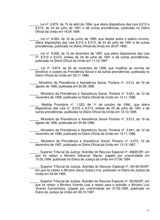 71
_____. Lei nº. 8.870, de 15 de abril de 1994, que altera dispositivos das Leis 8.212 e
8.213, de 24 de julho de 1991 e dá outras providências, publicada no Diário
Oficial da União em 16.04.1994.
_____. Lei nº. 9.063, de 16 de junho de 1995, que dispõe sobre o salário mínimo,
altera disposições das Leis 8.212 e 8.213, de 24 de julho de 1991 e dá outras
providências, publicada no Diário Oficial da União em 20.07.1995.
_____. Lei nº. 9.528, de 10 de dezembro de 1997, que altera dispositivos das Leis
nº. 8.212 e 8.213, ambas de 24 de julho de 1991 e dá outras providências,
publicada no Diário Oficial da União em 11.12.1997.
_____. Lei nº. 9.874, de 26 de novembro de 1999, que modifica as normas de
benefício e custeio da Previdência Social e dá outras providências, publicada no
Diário Oficial da União em 29.11.1999.
____. Ministério da Previdência e Assistência Social. Portaria nº. 3.513, de 19 de
agosto de 1996, publicada em 20.08.1996.
_____. Ministério da Previdência e Assistência Social. Portaria nº. 3.641, de 12 de
novembro de 1996, publicada no Diário Oficial da União em 13.11.1996.
_____. Medida Provisória nº. 1.523, de 11 de outubro de 1996., que altera
dispositivos das Leis nº. 8.212 e 8.213, ambas de 24 de julho de 1991 e dá
outras providências, publicada no Diário Oficial da União em 12.10.1996.
_____. Ministério da Previdência e Assistência Social Portaria nº. 3.513, de 19 de
agosto de 1996, publicada em 20.08.1996.
_____. Ministério da Previdência e Assistência Social. Portaria nº. 3.641, de 12 de
novembro de 1996, publicada no Diário Oficial da União em 13.11.1996.
_____. Ministério da Previdência e Assistência Social. Portaria nº. 4.273, 12 de
dezembro de 1997, publicada no Diário Oficial da União em 13.12.1997.
_____. Superior Tribunal de Justiça. Acórdão do Recurso Especial nº. 46825/SP, em
que foi relator o Ministro Adhemar Maciel, julgado por unanimidade em
10.05.1994, publicado no Diário da Justiça da União em 27.06.1994.
_____. Superior Tribunal de Justiça. Acórdão do Recurso Especial nº. 59146-50/SP,
em que foi relator o Ministro Jesus Costa Lima, publicado no Diário da Justiça da
União em 03.04.1995.
_____. Superior Tribunal de Justiça. Acórdão do Recurso Especial nº. 59189/SP, em
que foi relator o Ministro Vicente Leal e relator para o acórdão o Ministro Luiz
Vicente Cernicchiaro, julgado por unanimidade em 21.03.1995, publicado no
Diário da Justiça da União em 09.12.1997.
 