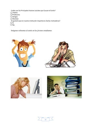35
Cuáles son los Principales Factores sociales que Causan el Estrés?
Padres
Profesores
Amigos
Novio(a)
Te gustaría que en nuestra institución impartieran charlas motivadoras?
Si
No
Imágenes referentes al estrés en los jóvenes estudiantes:
C
o
n
o
c
e
s
l
a
s
e
n
f
e
r
m
e
d
a
d
e
s
q
u
e
e
l
e
s
t
r
é
s
p
u
e
d
e
c
a
u
s
a
r
C
o
n
o
c
e
s
l
a
s
e
n
f
e
r
m
e
d
a
d
e
s
q
u
e
e
l
e
s
t
r
é
s
p
u
e
d
e
c
a
u
s
a
r
C
o
n
o
c
e
s
l
a
s
e
n
f
e
r
m
e
d
a
d
e
s
q
u
e
e
l
e
s
t
r
é
s
p
u
e
d
e
c
a
u
s
a
C
o
n
o
c
e
s
l
a
s
e
n
f
e
r
m
e
d
a
d
e
s
q
u
e
e
l
e
s
t
r
é
s
p
u
e
d
e
c
a
u
s
C
o
n
o
c
e
s
l
a
s
e
n
f
e
r
m
e
d
a
d
e
s
q
u
e
e
l
e
s
t
r
é
s
p
u
e
d
e
c
a
C
o
n
o
c
e
s
l
a
s
e
n
f
e
r
m
e
d
a
d
e
s
q
u
e
e
l
e
s
t
r
é
s
p
u
e
d
e
c
a
u
 