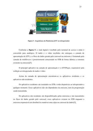 23




                     Figura 5 - Arquitetura da Plataforma JiTV no telespectador




       Conforme a figura 5, o sinal digital é recebido pelo terminal de acesso e então é
convertido para analógico. O áudio e o vídeo recebidos são entregues a camada de
apresentação do JiTV, e o fluxo de dados gerado pelo carrossel na emissora, é formatado pela
camada de middleware e posteriormente armazenado no STB de forma idêntica a estrutura
existente na emissora[5].

       O principal aplicativo na camada de apresentação é o JiTVPlayer, responsável pela
exibição ao telespectador do áudio e vídeo.

       Acima da camada de apresentação encontram-se os aplicativos residentes e os
aplicativos não residentes.

       Os aplicativos residentes são instalados no STB e estão disponíveis ao telespectador a
qualquer momento. Esses aplicativos não são dependentes da emissora, nem da programação
sendo transmitida.

       Os aplicativos não residentes são disponibilizados pelas emissoras e são transmitidos
no fluxo de dados gerado pelo carrossel, esses aplicativos existem no STB enquanto a
emissora responsável em distribuí-los mantiver uma cópia no carrossel de dados[5].
 