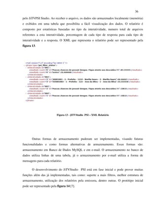36

pelo JiTVPSI Studio. Ao receber o arquivo, os dados são armazenados localmente (memória)
e exibidos em uma tabela que possibilita a fácil visualização dos dados. O relatório é
composto por estatísticas baseadas no tipo da interatividade, numero total de arquivos
referentes a esta interatividade, porcentagem de cada tipo de resposta para cada tipo de
interatividade e a resposta. O XML que representa o relatório pode ser representado pela
figura 13.




                          Figura 13 - JiTVStudio PSI – XML Relatório




       Outras formas de armazenamento puderam ser implementadas, visando futuras
funcionalidades e como formas alternativas de armazenamento. Essas formas são:
armazenamento em Banco de Dados MySQL e em e-mail. O armazenamento no banco de
dados utiliza linhas de uma tabela, já o armazenamento por e-mail utiliza a forma de
mensagens para cada relatório.

       O desenvolvimento do JiTVStudio PSI está em fase inicial e pode prover muitas
funções além das já implementadas, tais como: suporte a mais filtros, melhor estrutura de
armazenamento, utilização dos relatórios pela emissora, dentro outras. O protótipo inicial
pode ser representado pela figura 14 [7].
 