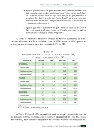 Política Fiscal e Dívida Pública – Cláudio Jaloretto
Finanças Públicas – XIV Prêmio Tesouro Nacional – 2009 33
b) aqueles que consideravam que o ajuste de 1990/1993 era precário, mas
que entendiam ser possível estabelecer uma “ponte para a estabilida-
de”, com um esforço fiscal de tipo once and for all que permitisse a
um plano de estabilização ter um “lastro fiscal”, até a aprovação das
medidas ditas “estruturais” de ajustamento definitivo – envolvendo as
reformas constitucionais; e
c) aqueles que não só consideravam que a melhora fiscal de 1990/1993
fora praticamente irrelevante, como também não viam com bons olhos
a existência de um ajuste apenas temporário.
A Tabela 14 resume os resultados obtidos no período, destacando-se os re-
sultados altamente positivos e atípicos, tanto de 1990 quanto de 1994, quando se
obteve um surpreendente superávit primário de 5% do PIB.
Tabela 14
Necessidades de Financiamento do Setor Público (NFSP)
Conceito operacional – % do PIB
Especificação 1985-1989 1990 1990-1993 1994
OPERACIONAL 4,63 -1,33 0,91 -1,57
Governo central 2,27 -2,33 0,45 -2,00
Estados e municípios 0,98 0,39 0,02 0,80
Empresas estatais 1,38 0,61 0,44 -0,37
PRIMÁRIO -1,08 -2,23 -2,57 -5,04
Governo central 0,15 -1,46 -1,17 -3,04
Estados e municípios 0,03 -0,33 -0,74 -0,82
Empresas estatais -1,26 -0,44 -0,66 -1,18
JUROS REAIS 5,71 0,90 3,48 3,47
Governo central 2,12 -0,87 1,62 1,04
Estados e municípios 0,95 0,72 0,76 1,62
Empresas estatais 2,64 1,05 1,10 0,81
(-) Superávit.
Fontes: BARBOSA; GIAMBIAGI (1995); BCB
A Tabela 15, que detalha as receitas e as despesas governamentais, embora
no conceito restrito, evidencia que o superávit operacional de 1990 foi obtido,
basicamente, pelo aumento temporário das receitas oriundas da tributação im-
 