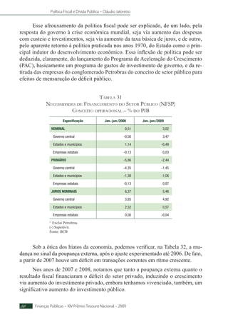 Política Fiscal e Dívida Pública – Cláudio Jaloretto
Finanças Públicas – XIV Prêmio Tesouro Nacional – 200950
Esse afrouxamento da política fiscal pode ser explicado, de um lado, pela
resposta do governo à crise econômica mundial, seja via aumento das despesas
com custeio e investimentos, seja via aumento da taxa básica de juros, e de outro,
pelo aparente retorno à política praticada nos anos 1970, do Estado como o prin-
cipal indutor do desenvolvimento econômico. Essa inflexão de política pode ser
deduzida, claramente, do lançamento do Programa de Aceleração do Crescimento
(PAC), basicamente um programa de gastos de investimento de governo, e da re-
tirada das empresas do conglomerado Petrobras do conceito de setor público para
efeitos de mensuração do déficit público.
Tabela 31
Necessidades de Financiamento do Setor Público (NFSP)
Conceito operacional – % do PIB
Especificação Jan.-jun./2008 Jan.-jun./2009
NOMINAL 0,51 3,02
Governo central -0,50 3,47
Estados e municípios 1,14 -0,49
Empresas estatais -0,13 0,03
PRIMÁRIO -5,86 -2,44
Governo central -4,35 -1,45
Estados e municípios -1,38 -1,06
Empresas estatais -0,13 0,07
JUROS NOMINAIS 6,37 5,46
Governo central 3,85 4,92
Estados e municípios 2,52 0,57
Empresas estatais 0,00 -0,04
1/
Exclui Petrobras.
(-) Superávit.
Fonte: BCB
Sob a ótica dos hiatos da economia, podemos verificar, na Tabela 32, a mu-
dança no sinal da poupança externa, após o ajuste experimentado até 2006. De fato,
a partir de 2007 houve um déficit em transações correntes em ritmo crescente.
Nos anos de 2007 e 2008, notamos que tanto a poupança externa quanto o
resultado fiscal financiaram o déficit do setor privado, induzindo o crescimento
via aumento do investimento privado, embora tenhamos vivenciado, também, um
significativo aumento do investimento público.
 