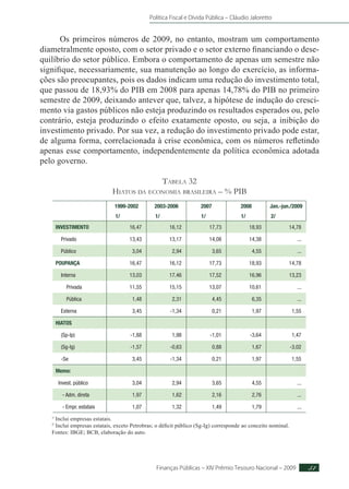 Política Fiscal e Dívida Pública – Cláudio Jaloretto
Finanças Públicas – XIV Prêmio Tesouro Nacional – 2009 51
Os primeiros números de 2009, no entanto, mostram um comportamento
diametralmente oposto, com o setor privado e o setor externo financiando o dese-
quilíbrio do setor público. Embora o comportamento de apenas um semestre não
signifique, necessariamente, sua manutenção ao longo do exercício, as informa-
ções são preocupantes, pois os dados indicam uma redução do investimento total,
que passou de 18,93% do PIB em 2008 para apenas 14,78% do PIB no primeiro
semestre de 2009, deixando antever que, talvez, a hipótese de indução do cresci-
mento via gastos públicos não esteja produzindo os resultados esperados ou, pelo
contrário, esteja produzindo o efeito exatamente oposto, ou seja, a inibição do
investimento privado. Por sua vez, a redução do investimento privado pode estar,
de alguma forma, correlacionada à crise econômica, com os números refletindo
apenas esse comportamento, independentemente da política econômica adotada
pelo governo.
Tabela 32
Hiatos da economia brasileira – % PIB
1999-2002 2003-2006 2007 2008 Jan.-jun./2009
1/ 1/ 1/ 1/ 2/
INVESTIMENTO 16,47 16,12 17,73 18,93 14,78
Privado 13,43 13,17 14,08 14,38 ...
Público 3,04 2,94 3,65 4,55 ...
POUPANÇA 16,47 16,12 17,73 18,93 14,78
Interna 13,03 17,46 17,52 16,96 13,23
Privada 11,55 15,15 13,07 10,61 ...
Pública 1,48 2,31 4,45 6,35 ...
Externa 3,45 -1,34 0,21 1,97 1,55
HIATOS
(Sp-Ip) -1,88 1,98 -1,01 -3,64 1,47
(Sg-Ig) -1,57 -0,63 0,88 1,67 -3,02
-Se 3,45 -1,34 0,21 1,97 1,55
Memo:
Invest. público 3,04 2,94 3,65 4,55 ...
- Adm. direta 1,97 1,62 2,16 2,76 ...
- Empr. estatais 1,07 1,32 1,49 1,79 ...
1/
Inclui empresas estatais.
2/
Inclui empresas estatais, exceto Petrobras; o déficit público (Sg-Ig) corresponde ao conceito nominal.
Fontes: IBGE; BCB, elaboração do auto.
 