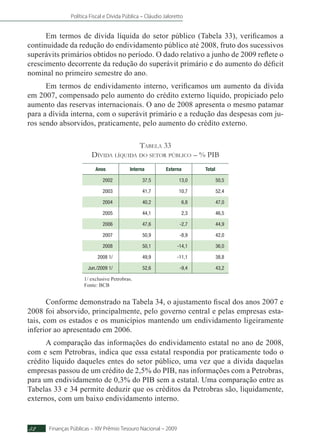 Política Fiscal e Dívida Pública – Cláudio Jaloretto
Finanças Públicas – XIV Prêmio Tesouro Nacional – 200952
Em termos de dívida líquida do setor público (Tabela 33), verificamos a
continuidade da redução do endividamento público até 2008, fruto dos sucessivos
superávits primários obtidos no período. O dado relativo a junho de 2009 reflete o
crescimento decorrente da redução do superávit primário e do aumento do déficit
nominal no primeiro semestre do ano.
Em termos de endividamento interno, verificamos um aumento da dívida
em 2007, compensado pelo aumento do crédito externo líquido, propiciado pelo
aumento das reservas internacionais. O ano de 2008 apresenta o mesmo patamar
para a dívida interna, com o superávit primário e a redução das despesas com ju-
ros sendo absorvidos, praticamente, pelo aumento do crédito externo.
Tabela 33
Dívida líquida do setor público – % PIB
Anos Interna Externa Total
2002 37,5 13,0 50,5
2003 41,7 10,7 52,4
2004 40,2 6,8 47,0
2005 44,1 2,3 46,5
2006 47,6 -2,7 44,9
2007 50,9 -8,9 42,0
2008 50,1 -14,1 36,0
2008 1/ 49,9 -11,1 38,8
Jun./2009 1/ 52,6 -9,4 43,2
1/ exclusive Petrobras.
Fonte: BCB
Conforme demonstrado na Tabela 34, o ajustamento fiscal dos anos 2007 e
2008 foi absorvido, principalmente, pelo governo central e pelas empresas esta-
tais, com os estados e os municípios mantendo um endividamento ligeiramente
inferior ao apresentado em 2006.
A comparação das informações do endividamento estatal no ano de 2008,
com e sem Petrobras, indica que essa estatal respondia por praticamente todo o
crédito líquido daqueles entes do setor público, uma vez que a dívida daquelas
empresas passou de um crédito de 2,5% do PIB, nas informações com a Petrobras,
para um endividamento de 0,3% do PIB sem a estatal. Uma comparação entre as
Tabelas 33 e 34 permite deduzir que os créditos da Petrobras são, liquidamente,
externos, com um baixo endividamento interno.
 