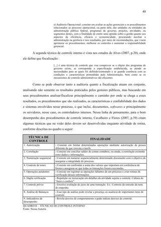 40


                          e) Auditoria Operacional: consiste em avaliar as ações gerenciais e os procedimentos
                          relacionados ao processo operacional, ou parte dele, das unidades ou entidades da
                          administração pública federal, programas de governo, projetos, atividades, ou
                          segmentos destes, com a finalidade de emitir uma opinião sobre a gestão quanto aos
                          aspectos da eficiência, eficácia e economicidade, procurando auxiliar a
                          administração na gerência e nos resultados, por meio de recomendações, que visem
                          aprimorar os procedimentos, melhorar os controles e aumentar a responsabilidade
                          gerencial.

        A segunda técnica de controle interno é vista nos estudos de Alves (2007, p.20), onde
ele define que fiscalização:

                          [...] é uma técnica de controle que visa comprovar se o objeto dos programas      de
                          governo existe, se corresponde a especificação estabelecida, se atende            as
                          necessidades para as quais foi definido/contratado e se guarda coerência com      as
                          condições e características pretendidas pela Administração, bem como se           os
                          mecanismos de controle administrativos são eficientes.

        Como se pode observar tanto a auditoria quanto a fiscalização atuam em conjunto,
analisando não somente os resultados praticados pelos gestores públicos, mas buscando em
seus procedimentos analisar/fiscalizar principalmente o caminho por onde se chega a esses
resultados, os procedimentos que são realizados, as características e confiabilidade dos dados
e sistemas envolvidos nesse processo, o que inclui, documentos, softwares e principalmente
os servidores, nesse caso, os controladores internos. Nessa linha de pensamento, para o bom
desempenho dos procedimentos de controle interno, Cavalheiro e Flores (2007, p.39) citam
algumas técnicas que na visão deles devem ser desenvolvidas enquanto atividade de rotina,
conforme descritas no quadro a seguir:

    TÉCNICA DE
                                                           FINALIDADE
    CONTROLE
1. Autorização             - Consiste em limitar determinadas operações mediante autorização de pessoa
                           diferente da que executa a tarefa.
2. Correlação              - Consiste em conciliar saldos de contas contábeis, ou ainda, a correlação existente
                           entre dados e informações.
3. Numeração sequencial    - Consiste em numerar sequencialmente determinado documento com o objetivo de
                           assegurar a integridade do processo.
4. Controle de totais      - Consiste em confrontar a soma dos valores que importam em conferência de
                           forma a assegurar-se que todas as transações foram executadas.
5. Operações pendentes     - Consiste em registrar as operações faltantes de um processo e criar rotinas de
                           verificação dessas informações.
6. Dupla verificação       - Repetição ou reexecução em detalhes da atividade sujeita a controle. Cultura do
                           “fazer e conferir”.
7. Controle prévio         - Envolve avaliação de juízo de uma transação. Ex.: Controle da emissão da nota
                           de empenho.
8. Análise de Balanços     - Esse tipo de análise pode revelar a presença ou ausência de importantes itens de
                           controle.
9. Indicadores de          - Revela desvios de comportamento e pode indicar desvios de controle.
desempenho
QUADRO II – TÉCNICAS DE CONTROLE INTERNO
Fonte: Nossa Autoria
 
