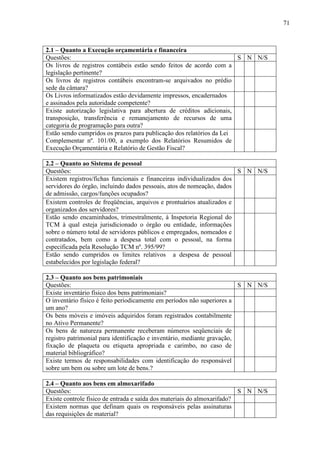 71



2.1 – Quanto a Execução orçamentária e financeira
Questões:                                                             S N N/S
Os livros de registros contábeis estão sendo feitos de acordo com a
legislação pertinente?
Os livros de registros contábeis encontram-se arquivados no prédio
sede da câmara?
Os Livros informatizados estão devidamente impressos, encadernados
e assinados pela autoridade competente?
Existe autorização legislativa para abertura de créditos adicionais,
transposição, transferência e remanejamento de recursos de uma
categoria de programação para outra?
Estão sendo cumpridos os prazos para publicação dos relatórios da Lei
Complementar nº. 101/00, a exemplo dos Relatórios Resumidos de
Execução Orçamentária e Relatório de Gestão Fiscal?

2.2 – Quanto ao Sistema de pessoal
Questões:                                                              S N N/S
Existem registros/fichas funcionais e financeiras individualizados dos
servidores do órgão, incluindo dados pessoais, atos de nomeação, dados
de admissão, cargos/funções ocupados?
Existem controles de freqüências, arquivos e prontuários atualizados e
organizados dos servidores?
Estão sendo encaminhados, trimestralmente, à Inspetoria Regional do
TCM à qual esteja jurisdicionado o órgão ou entidade, informações
sobre o número total de servidores públicos e empregados, nomeados e
contratados, bem como a despesa total com o pessoal, na forma
especificada pela Resolução TCM nº. 395/99?
Estão sendo cumpridos os limites relativos a despesa de pessoal
estabelecidos por legislação federal?

2.3 – Quanto aos bens patrimoniais
Questões:                                                                S N N/S
Existe inventário físico dos bens patrimoniais?
O inventário físico é feito periodicamente em períodos não superiores a
um ano?
Os bens móveis e imóveis adquiridos foram registrados contabilmente
no Ativo Permanente?
Os bens de natureza permanente receberam números seqüenciais de
registro patrimonial para identificação e inventário, mediante gravação,
fixação de plaqueta ou etiqueta apropriada e carimbo, no caso de
material bibliográfico?
Existe termos de responsabilidades com identificação do responsável
sobre um bem ou sobre um lote de bens.?

2.4 – Quanto aos bens em almoxarifado
Questões:                                                                S N N/S
Existe controle físico de entrada e saída dos materiais do almoxarifado?
Existem normas que definam quais os responsáveis pelas assinaturas
das requisições de material?
 