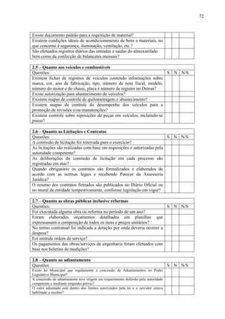 72



Existe documento padrão para a requisição de material?
Existem condições ideais de acondicionamento de bens e materiais, no
que concerne à segurança, iluminação, ventilação, etc.?
São efetuados registros diários das entradas e saídas do almoxarifado
bem como da confecção de balancetes mensais?

2.5 – Quanto aos veículos e combustíveis
Questões:                                                            S                 N N/S
Existem fichas de registros de veículos contendo informações sobre
marca, cor, ano de fabricação, tipo, número da nota fiscal, modelo,
número do motor e do chassi, placa e número de registro no Detran?
Existe autorização para abastecimento de veículos?
Existem mapas de controle de quilometragem e abastecimento?
Existem mapas de controle do desempenho dos veículos para a
promoção de revisões e/ou manutenções?
Existem controle sobre reposições de peças em veículos, incluindo-se
pneus?

2.6 – Quanto as Licitações e Contratos
Questões:                                                               S N N/S
A comissão de licitação foi renovada para o exercício?
As licitações são realizadas com base em requisições e autorizadas pela
autoridade competente?
As deliberações da comissão de licitação em cada processo são
registradas em atas?
Quando obrigatório os contratos são formalizados e elaborados de
acordo com as normas legais e recebendo Parecer da Assessoria
Jurídica?
O resumo dos contratos firmados são publicados no Diário Oficial ou
no mural da entidade tempestivamente, conforme legislação em vigor?

2.7 – Quanto as obras públicas inclusive reformas
Questões:                                                             S N N/S
Foi executada alguma obra ou reforma no período de um ano?
Foram elaborados orçamentos detalhados em planilhas que
expressassem a composição de todos os itens e preços unitários?
No termo contratual foi indicada a dotação por onde deveria ocorrer a
despesa?
Foi emitida ordem de serviço?
Os pagamentos das obras/serviços de engenharia foram efetuados com
base nos boletins de medições?

2.8 – Quanto ao adiantamento
Questões:                                                                            S N N/S
Existe lei Municipal que regulamente a concessão de Adiantamentos no Poder
Legislativo Municipal?
A concessão de adiantamento teve origem em requerimento deferido pela autoridade
competente e mediante empenho prévio?
O valor adiantado está dentro dos limites autorizados pela lei e o servidor estava
habilitado a receber?
 