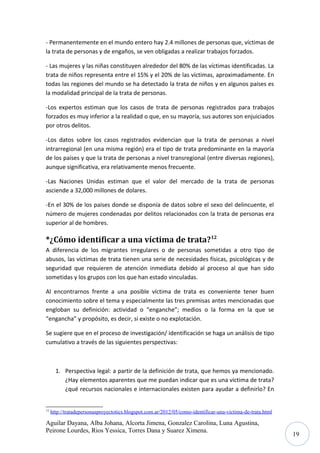 - Permanentemente en el mundo entero hay 2.4 millones de personas que, víctimas de
la trata de personas y de engaños, se ven obligadas a realizar trabajos forzados.
- Las mujeres y las niñas constituyen alrededor del 80% de las víctimas identificadas. La
trata de niños representa entre el 15% y el 20% de las víctimas, aproximadamente. En
todas las regiones del mundo se ha detectado la trata de niños y en algunos países es
la modalidad principal de la trata de personas.
-Los expertos estiman que los casos de trata de personas registrados para trabajos
forzados es muy inferior a la realidad o que, en su mayoría, sus autores son enjuiciados
por otros delitos.
-Los datos sobre los casos registrados evidencian que la trata de personas a nivel
intrarregional (en una misma región) era el tipo de trata predominante en la mayoría
de los países y que la trata de personas a nivel transregional (entre diversas regiones),
aunque significativa, era relativamente menos frecuente.
-Las Naciones Unidas estiman que el valor del mercado de la trata de personas
asciende a 32,000 millones de dolares.
-En el 30% de los países donde se disponía de datos sobre el sexo del delincuente, el
número de mujeres condenadas por delitos relacionados con la trata de personas era
superior al de hombres.

*¿Cómo identificar a una víctima de trata?12
A diferencia de los migrantes irregulares o de personas sometidas a otro tipo de
abusos, las víctimas de trata tienen una serie de necesidades físicas, psicológicas y de
seguridad que requieren de atención inmediata debido al proceso al que han sido
sometidas y los grupos con los que han estado vinculadas.
Al encontrarnos frente a una posible víctima de trata es conveniente tener buen
conocimiento sobre el tema y especialmente las tres premisas antes mencionadas que
engloban su definición: actividad o “enganche”; medios o la forma en la que se
“engancha” y propósito, es decir, si existe o no explotación.
Se sugiere que en el proceso de investigación/ identificación se haga un análisis de tipo
cumulativo a través de las siguientes perspectivas:

1. Perspectiva legal: a partir de la definición de trata, que hemos ya mencionado.
¿Hay elementos aparentes que me puedan indicar que es una víctima de trata?
¿qué recursos nacionales e internacionales existen para ayudar a definirlo? En
12

http://tratadepersonasproyectotics.blogspot.com.ar/2012/05/como-identificar-una-victima-de-trata.html

Aguilar Dayana, Alba Johana, Alcorta Jimena, Gonzalez Carolina, Luna Agustina,
Peirone Lourdes, Rios Yessica, Torres Dana y Suarez Ximena.

19

 