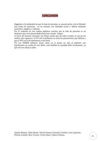 CONCLUSIÓN
Llegamos a la conclusión de que la trata de personas es una privación a de la libertad,
una forma de esclavizar un ser humano con finalidad sexual o laboral mediante
secuestros, engaños y violencia.
Por lo expuesto en este trabajo podemos concluir que la trata de personas es un
fenómeno que se ha desarrollado desde hace mucho tiempo.
A través de nuestras encuestas nos dimos cuenta que las redes sociales es uno de los
medios más expuestos, el 55% de la población no toma las precauciones que debería y
que el 50% no le da importancia a este tema.
Por eso TODOS debemos tomar cartas en el asunto no solo el gobierno con
legislaciones en contra de este delito, sino también la sociedad debe involucrarse, ya
que esto nos afecta a todos.

Aguilar Dayana, Alba Johana, Alcorta Jimena, Gonzalez Carolina, Luna Agustina,
Peirone Lourdes, Rios Yessica, Torres Dana y Suarez Ximena.

19

 