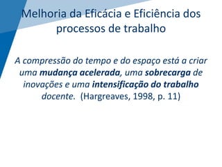 Melhoria da Eficácia e Eficiência dos
processos de trabalho
A compressão do tempo e do espaço está a criar
uma mudança acelerada, uma sobrecarga de
inovações e uma intensificação do trabalho
docente. (Hargreaves, 1998, p. 11)
 
