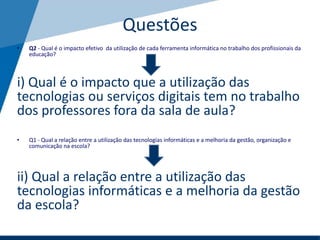 Questões
• Q2 - Qual é o impacto efetivo da utilização de cada ferramenta informática no trabalho dos profissionais da
educação?
i) Qual é o impacto que a utilização das
tecnologias ou serviços digitais tem no trabalho
dos professores fora da sala de aula?
• Q1 - Qual a relação entre a utilização das tecnologias informáticas e a melhoria da gestão, organização e
comunicação na escola?
ii) Qual a relação entre a utilização das
tecnologias informáticas e a melhoria da gestão
da escola?
 