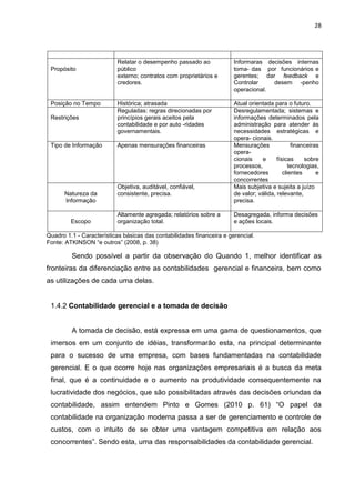 28




                          Relatar o desempenho passado ao              Informaras decisões internas
 Propósito                público                                      toma- das por funcionários e
                          externo; contratos com proprietários e       gerentes; dar feedback e
                          credores.                                    Controlar    desem -penho
                                                                       operacional.

 Posição no Tempo         Histórica; atrasada                          Atual orientada para o futuro.
                          Reguladas: regras direcionadas por           Desregulamentada; sistemas e
 Restrições               princípios gerais aceitos pela               informações determinados pela
                          contabilidade e por auto -ridades            administração para atender às
                          governamentais.                              necessidades estratégicas e
                                                                       opera- cionais.
 Tipo de Informação       Apenas mensurações financeiras               Mensurações              financeiras
                                                                       opera-
                                                                       cionais    e      físicas     sobre
                                                                       processos,              tecnologias,
                                                                       fornecedores         clientes      e
                                                                       concorrentes
                          Objetiva, auditável, confiável,              Mais subjetiva e sujeita a juízo
      Natureza da         consistente, precisa.                        de valor; válida, relevante,
      Informação                                                       precisa.

                          Altamente agregada; relatórios sobre a       Desagregada, informa decisões
         Escopo           organização total.                           e ações locais.

Quadro 1.1 - Características básicas das contabilidades financeira e gerencial.
Fonte: ATKINSON ―e outros‖ (2008, p. 38)

         Sendo possível a partir da observação do Quando 1, melhor identificar as
fronteiras da diferenciação entre as contabilidades gerencial e financeira, bem como
as utilizações de cada uma delas.


 1.4.2 Contabilidade gerencial e a tomada de decisão


         A tomada de decisão, está expressa em uma gama de questionamentos, que
 imersos em um conjunto de idéias, transformarão esta, na principal determinante
 para o sucesso de uma empresa, com bases fundamentadas na contabilidade
 gerencial. E o que ocorre hoje nas organizações empresariais é a busca da meta
 final, que é a continuidade e o aumento na produtividade consequentemente na
 lucratividade dos negócios, que são possibilitadas através das decisões oriundas da
 contabilidade, assim entendem Pinto e Gomes (2010 p. 61) ―O papel da
 contabilidade na organização moderna passa a ser de gerenciamento e controle de
 custos, com o intuito de se obter uma vantagem competitiva em relação aos
 concorrentes‖. Sendo esta, uma das responsabilidades da contabilidade gerencial.
 