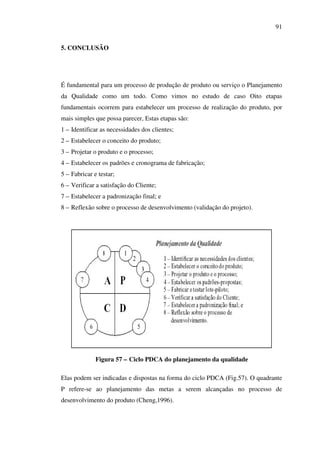 91
5. CONCLUSÃO

É fundamental para um processo de produção de produto ou serviço o Planejamento
da Qualidade como um todo. Como vimos no estudo de caso Oito etapas
fundamentais ocorrem para estabelecer um processo de realização do produto, por
mais simples que possa parecer, Estas etapas são:
1 – Identificar as necessidades dos clientes;
2 – Estabelecer o conceito do produto;
3 – Projetar o produto e o processo;
4 – Estabelecer os padrões e cronograma de fabricação;
5 – Fabricar e testar;
6 – Verificar a satisfação do Cliente;
7 – Estabelecer a padronização final; e
8 – Reflexão sobre o processo de desenvolvimento (validação do projeto).

Figura 57 – Ciclo PDCA do planejamento da qualidade
Elas podem ser indicadas e dispostas na forma do ciclo PDCA (Fig.57). O quadrante
P refere-se ao planejamento das metas a serem alcançadas no processo de
desenvolvimento do produto (Cheng,1996).

 