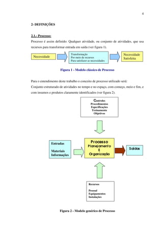 4
2- DEFINIÇÕES
2.1.- Processo:
Processo é assim definido: Qualquer atividade, ou conjunto de atividades, que usa
recursos para transformar entrada em saída (ver figura 1).
Transformação
Por meio de recursos
Para satisfazer as necessidades

Necessidade
(entrada)

Necessidade
Satisfeita
(saída)

Figura 1 - Modelo clássico de Processo
Para o entendimento deste trabalho o conceito de processo utilizado será:
Conjunto estruturado de atividades no tempo e no espaço, com começo, meio e fim, e
com insumos e produtos claramente identificados (ver figura 2).
Controles
Procedimentos
Especificações
Treinamento
Objetivos

Entradas
Materiais
Informações

Pr ocesso

Planejament o
E
Or ganização

Recursos
Pessoal
Equipamentos
Instalações

Figura 2 - Modelo genérico de Processo

S aídas

 