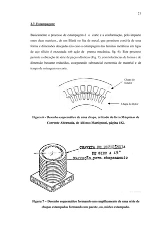 21
2.7. Estampagem:
Basicamente o processo de estampagem é o corte e a conformação, pelo impacto
entre duas matrizes., de um Blank ou fita de metal, que permitem cortá-la de uma
forma e dimensões desejadas (no caso a estampagem das laminas metálicas em ligas
de aço silício é executada sob ação de prensa mecânica, fig. 6). Este processo
permite a obtenção de série de peças idênticas (Fig. 7), com tolerâncias de forma e de
dimensão bastante reduzidas, assegurando substancial economia de material e de
tempo de usinagem ou corte.
Chapa do
Estator

Chapa do Rotor

Figura 6 - Desenho esquemático de uma chapa, retirado do livro Máquinas de
Corrente Alternada, de Alfonso Martignoni, página 182.

Figura 7 – Desenho esquemático formando um empilhamento de uma série de
chapas estampadas formando um pacote, ou, núcleo estampado.

 
