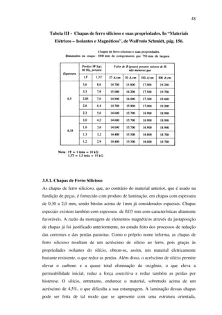 48
Tabela III - Chapas de ferro silicioso e suas propriedades. In “Materiais
Elétricos – Isolantes e Magnéticos”, de Walfredo Schmidt, pág. 156.

3.5.1. Chapas de Ferro Silicioso
As chapas de ferro silicioso, que, ao contrário do material anterior, que é usado na
fundição de peças, é fornecido com produto de laminação, em chapas com espessura
de 0,30 a 2,0 mm, sendo bitolas acima de 1mm já considerados especiais. Chapas
especiais existem também com espessura de 0,03 mm com características altamente
favoráveis. A razão da montagem de elementos magnéticos através da justaposição
de chapas já foi justificado anteriormente, no estudo feito dos processos de redução
das correntes e das perdas parasitas. Como o próprio nome informa, as chapas de
ferro silicioso resultam de um acréscimo de silício ao ferro, pois graças às
propriedades isolantes do silício, obtem-se, assim, um material eletricamente
bastante resistente, o que reduz as perdas. Além disso, o acréscimo de silício permite
elevar o carbono e a quase total eliminação de oxigênio, o que eleva a
permeabilidade inicial, reduz a força coercitiva e reduz também as perdas por
histerese. O silício, entretanto, endurece o material, sobretudo acima de um
acréscimo de 4,5%, o que dificulta a sua estampagem. A laminação dessas chapas
pode ser feita de tal modo que se apresente com uma estrutura orientada,

 