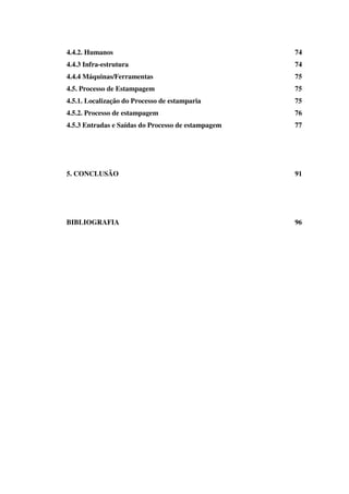 4.4.2. Humanos

74

4.4.3 Infra-estrutura

74

4.4.4 Máquinas/Ferramentas

75

4.5. Processo de Estampagem

75

4.5.1. Localização do Processo de estamparia

75

4.5.2. Processo de estampagem

76

4.5.3 Entradas e Saídas do Processo de estampagem

77

5. CONCLUSÃO

91

BIBLIOGRAFIA

96

 